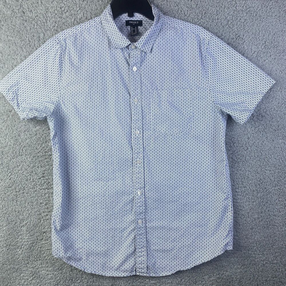 Forever 21 Mens Shirt Button Up Size Small White & Blue Short Sleeve 100% Cotton